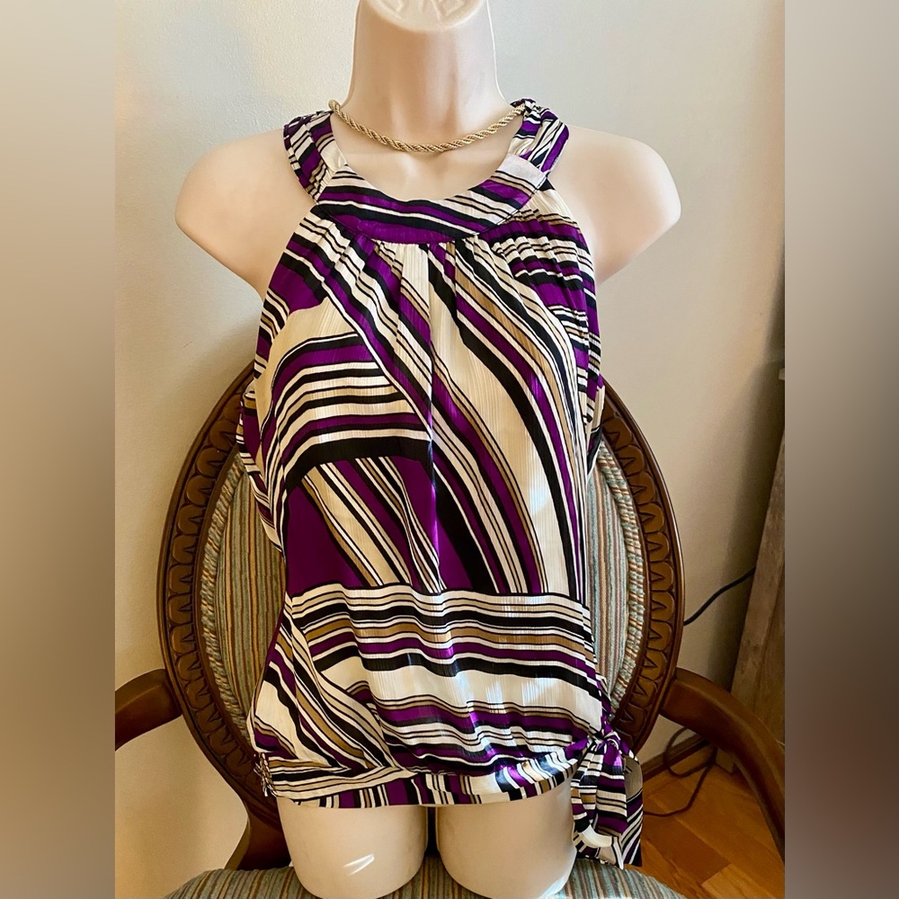 Cache Purple and White Striped Blouson Halter top